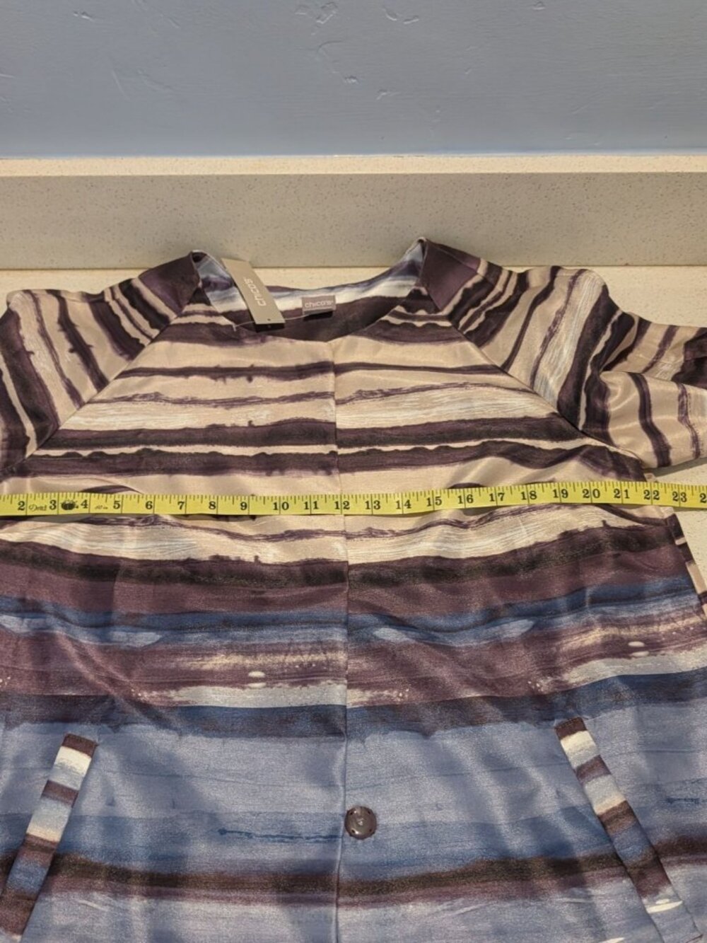 Chicos Satin Shantung Topper Jacket Sz 12 Watercolor Stripes 3/4 Sleeves lg - Picture 11 of 13